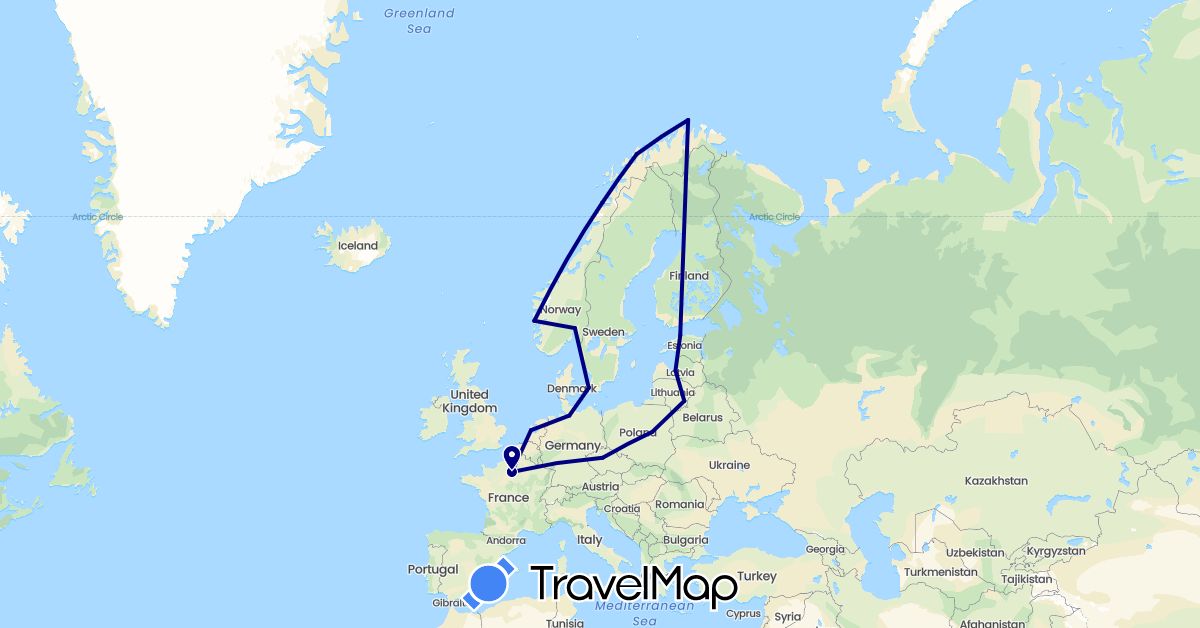 TravelMap itinerary: driving in Czech Republic, Germany, Denmark, Estonia, France, Lithuania, Latvia, Netherlands, Norway, Poland (Europe)
